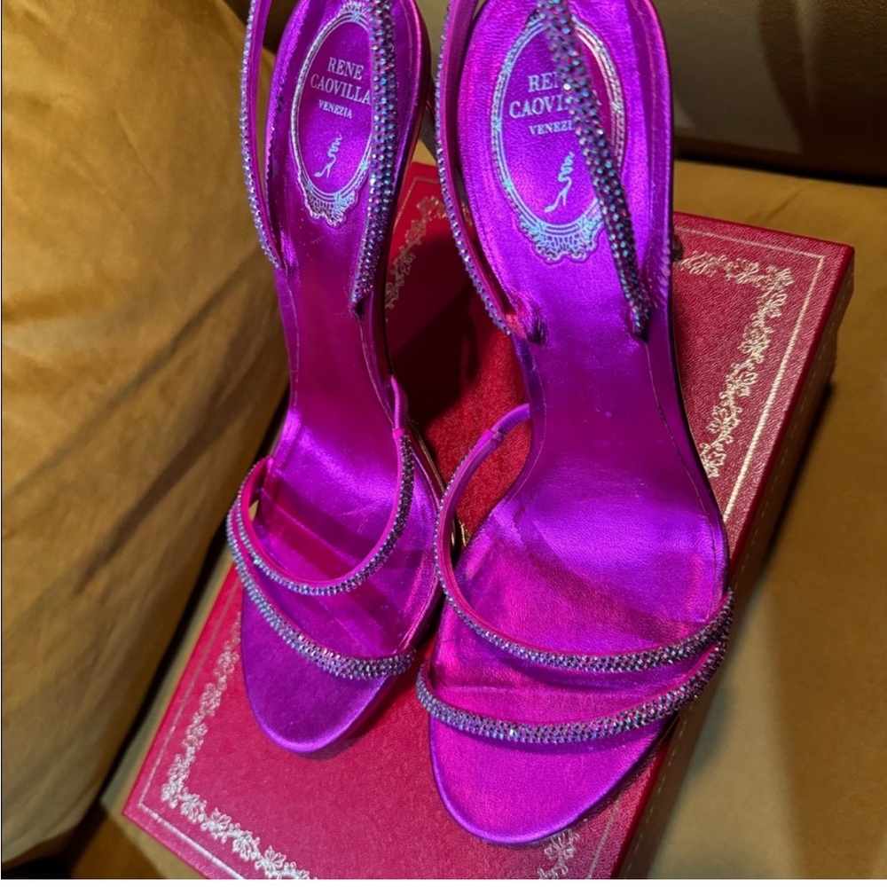 Rene Caovilla Hot Pink Satin Crystal-Embellished Strappy Heels - Picture 1 of 5